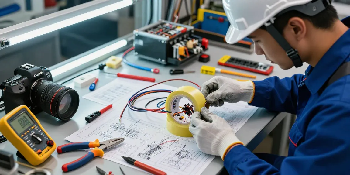 Technician using Super33 Daftar electrical tape in a dynamic workshop setting with essential tools and bright lighting.