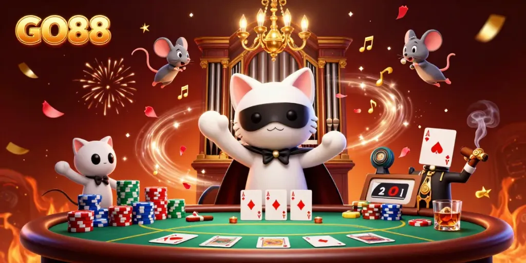 Experience the excitement of GO88 with vibrant casino characters and game elements alive in action.