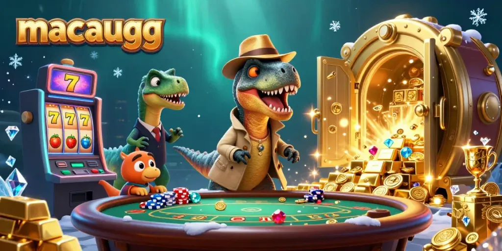 Engage in thrilling gameplay with macaugg's animated scene of colorful slots and a sneaky velociraptor card counter.