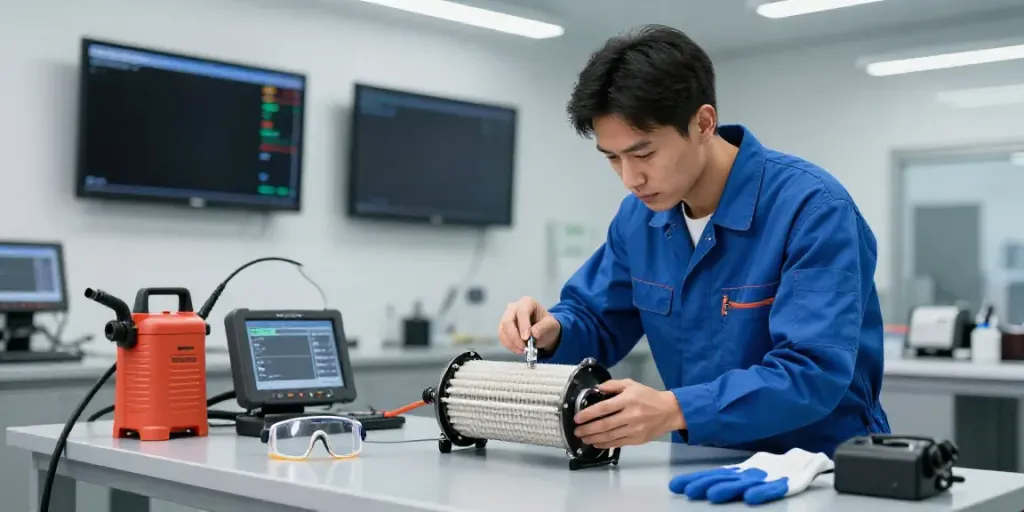 DPF reinigung hannover process showcasing a technician inspecting a diesel particulate filter in a professional workshop.