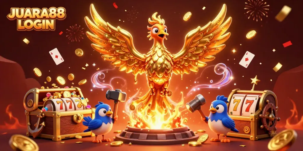 Experience JUARA88 LOGIN with a dynamic scene of winning slot games and a mythical phoenix.