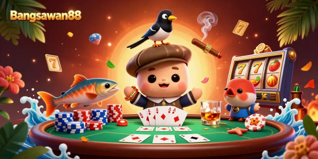 Bangsawan88 showcases a vibrant 3D illustration featuring playful characters and dynamic casino elements.