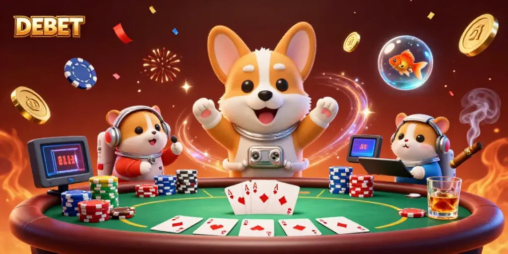 Experience the thrill of gaming with DEBET in a vibrant, floating casino scene.