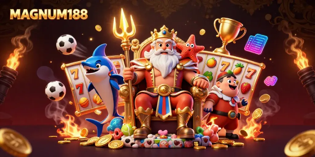 Experience excitement at MAGNUM188 with a vibrant scene of slot reels, lucky 7s, and golden coins.