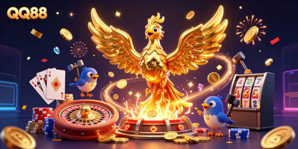 Experience thrilling moments at QQ88 with a dynamic casino scene showcasing a molten phoenix and exciting gaming elements.