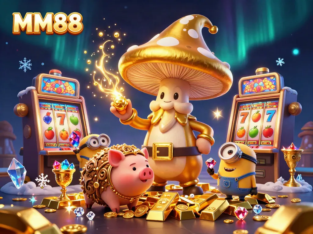 Experience the magic of MM88 with a glittering casino scene featuring a golden wizard and treasure-filled slot machines.