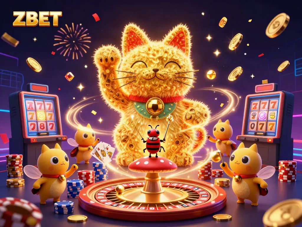 ZBET's animation of a golden cat with casino symbols, surrounded by vibrant gambling elements.