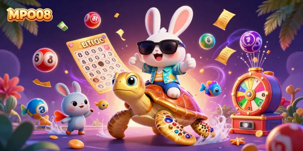 Experience the excitement of MPO08 with a lucky rabbit and golden turtle in a lively casino scene.