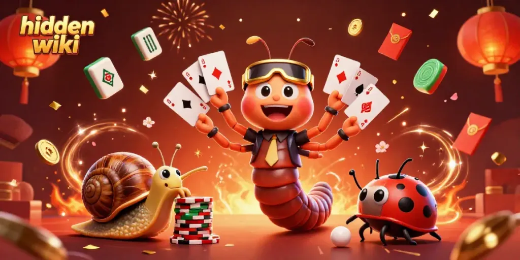 Engaging hidden wiki scene with a cartoon millipede dealer fanning playing cards amidst festive elements.