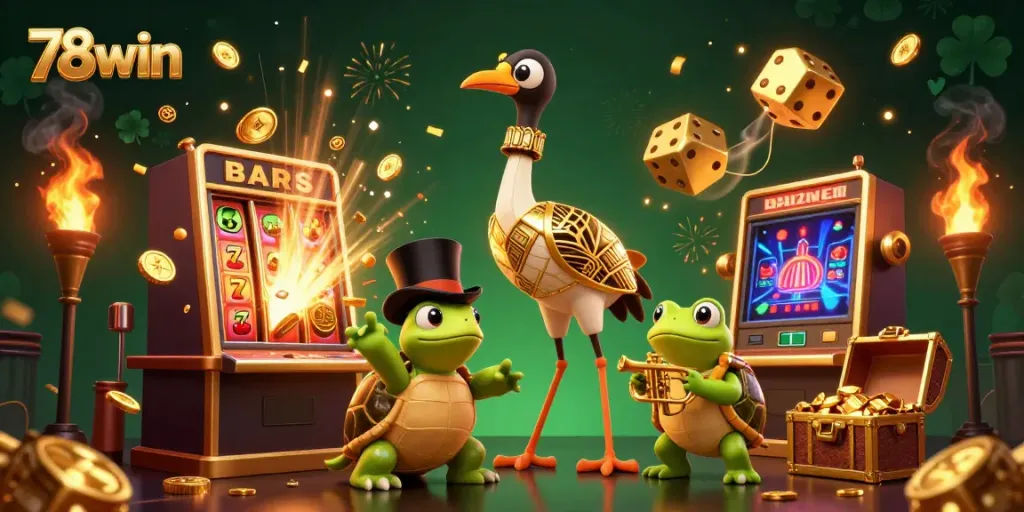 Experience the thrill of 78win with a dazzling 3D casino scene featuring iconic characters and explosive jackpots.