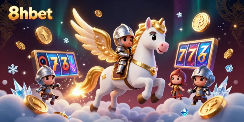 Experience the thrill of 8xbet with a celestial horse and knight playing slots in a vibrant casino.