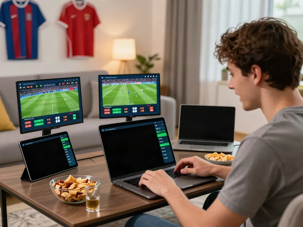 Engaging sports betting moment on WWBOLA platform with multiple screens showing soccer matches.