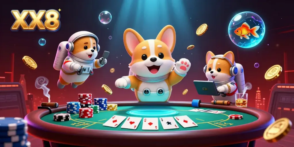 Experience the thrill of gambling with XX8 in a vibrant casino scene featuring a floating corgi and gaming elements.