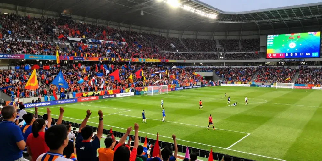 Exciting scene of CAKHIATV Full HD live football match with cheering fans and players in action.