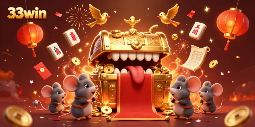 Engage in thrilling gameplay at 33win with a vibrant digital illustration of animated casino elements and festive celebrations.