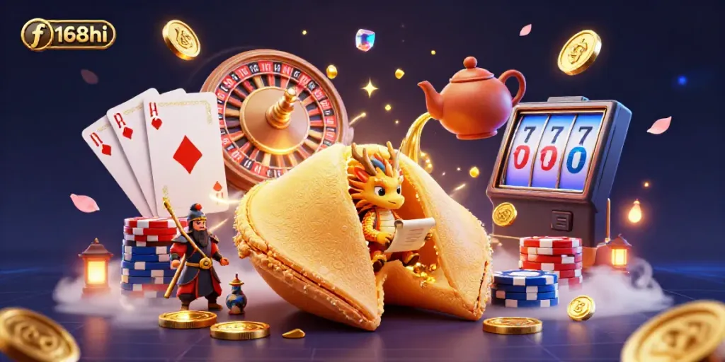 Engage with f168hi’s vibrant gaming world featuring a wise dragon amidst scattered treasures.