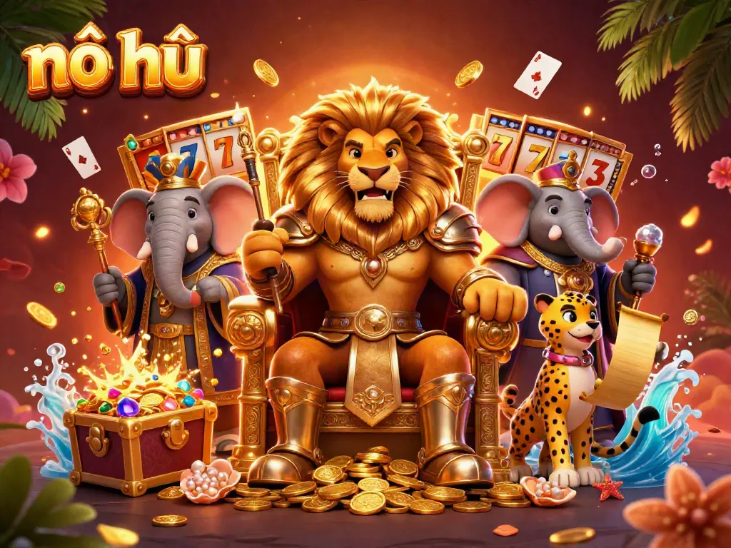 Experience the thrill of nổ hũ with a vibrant 3D illustration featuring a lion king, wise elephant, and quick cheetah among dynamic slot game elements.