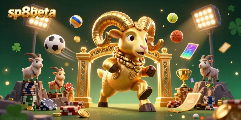 Engage with sp8beta's thrilling casino scene featuring a golden ram charging through a dynamic sports betting environment.
