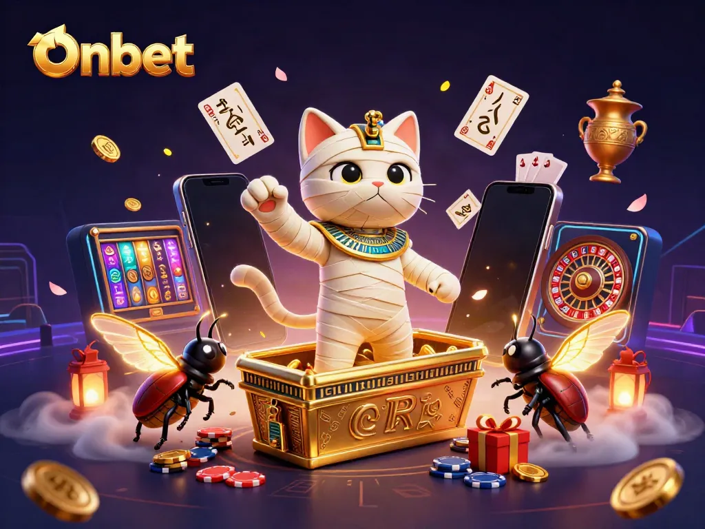 Engage with Onbet's thrilling casino adventure featuring a 3D mummy and a scarab in a dynamic gambling scene.