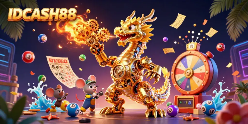 Engage with the IDCASH88 experience through animated casino elements and a dragon illustration.