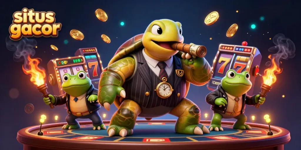 Join the excitement at situs gacor with a lively scene featuring a snapping turtle and enforcers.