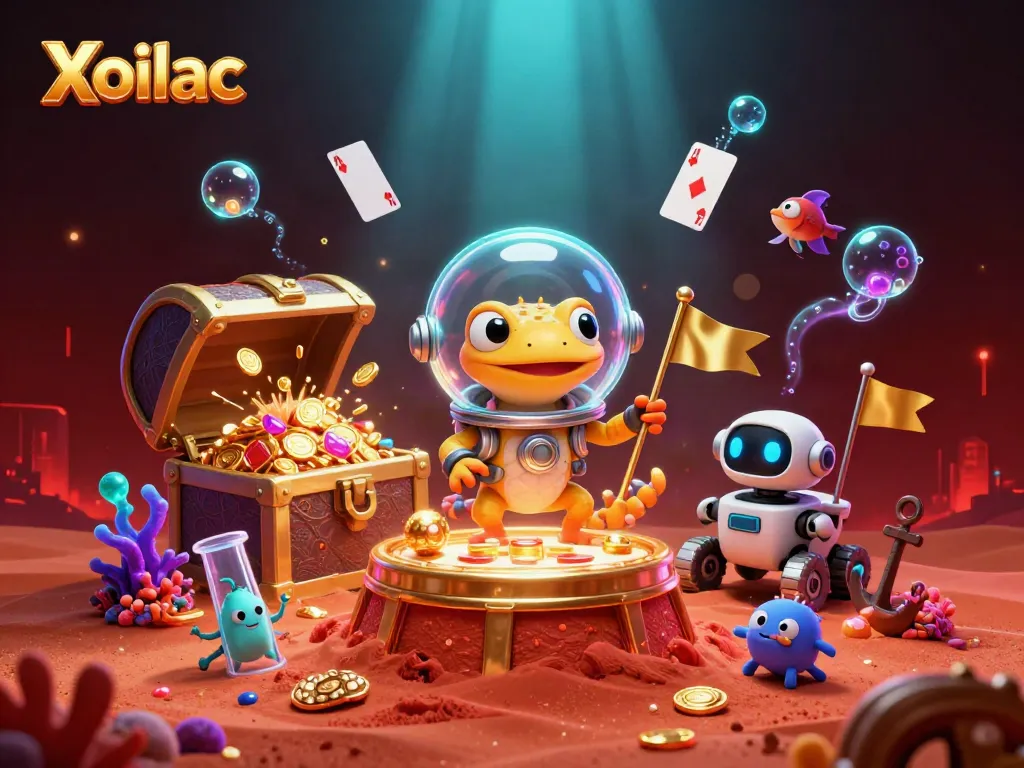 Xoilac showcases a Martian gecko discovering a golden casino, ideal for space-themed gaming enthusiasts.