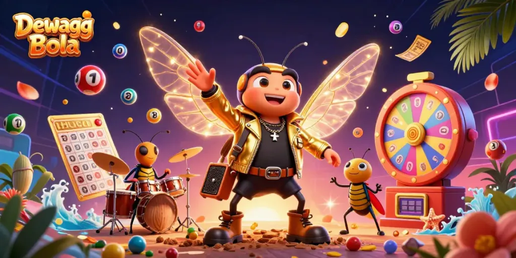 Dewagg Bola showcases an energetic scene with a cicada rock star, vibrant lottery balls, and animated gambling elements, providing a lively casino atmosphere.