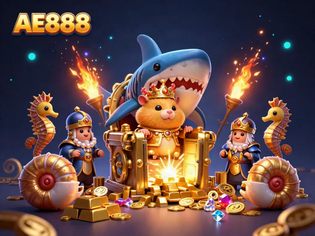 Engage with thrilling casino adventures at AE888 with a cartoon hamster king and treasure.
