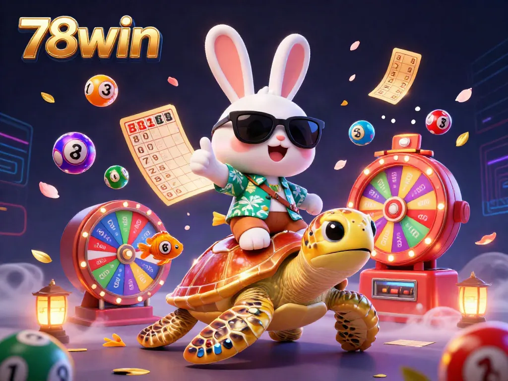 Experience thrilling wins with 78win's dynamic illustration of a lucky rabbit and golden turtle in a vibrant casino scene.