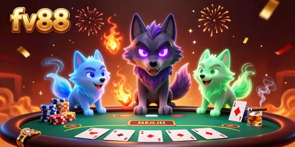 Experience the thrill of fv88 with an energetic poker scene featuring glowing wolves and vibrant casino elements.