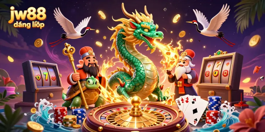 Engage with thrilling experiences at JW88 đăng nhập, featuring a vibrant casino scene with a jade dragon and magical elements.