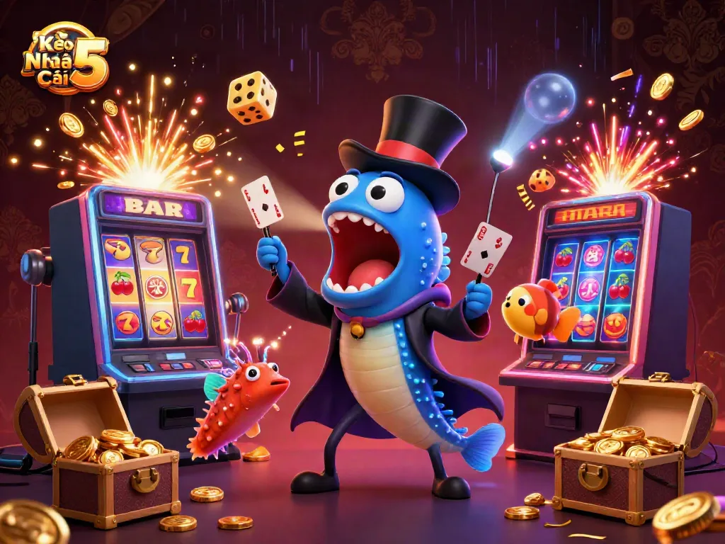 Experience Kèo Nhà Cái 5 as a magical deep-sea casino adventure with characters performing tricks.