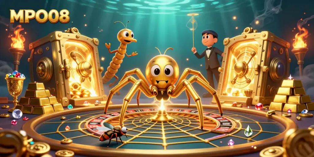 Engage with MPO08's vibrant golden casino promotion featuring a roulette wheel web.