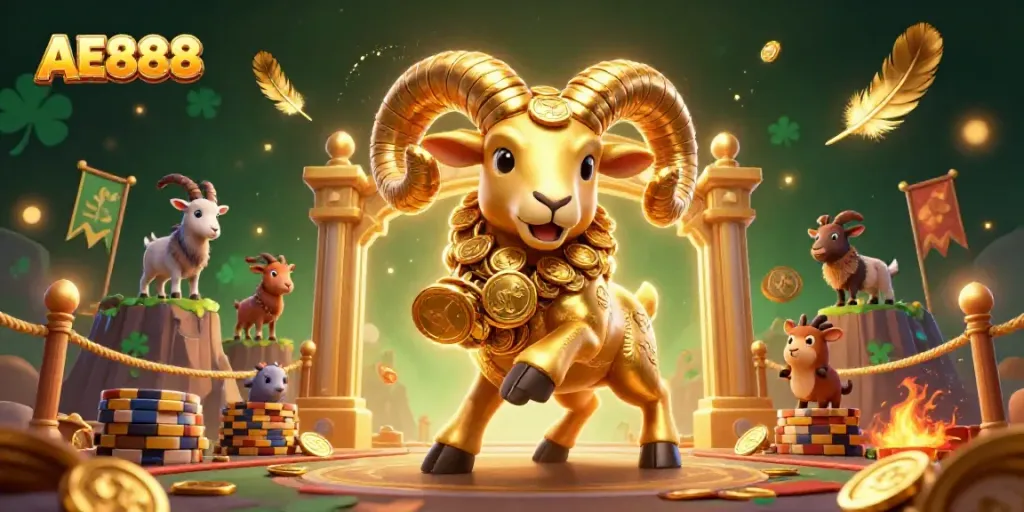 Experience thrilling sports betting action with the AE888 golden ram at the center of a dynamic casino scene.