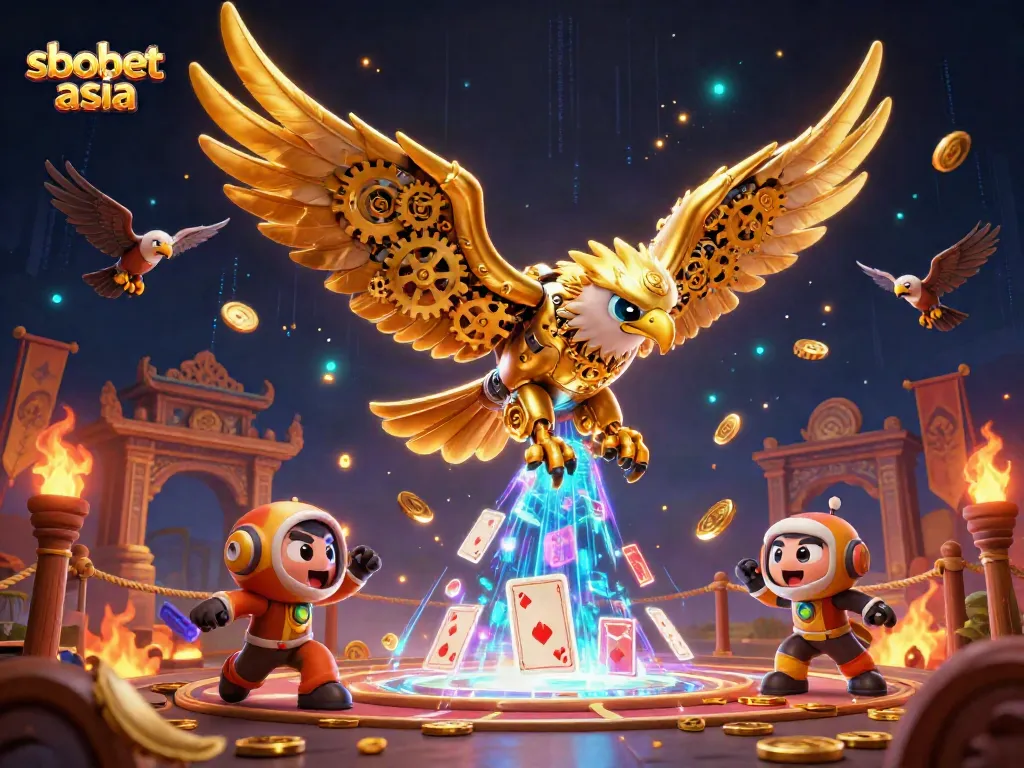 Experience sbobet asia with a vibrant 3D illustration of a golden eagle diving amidst holographic cards, symbolizing online betting.