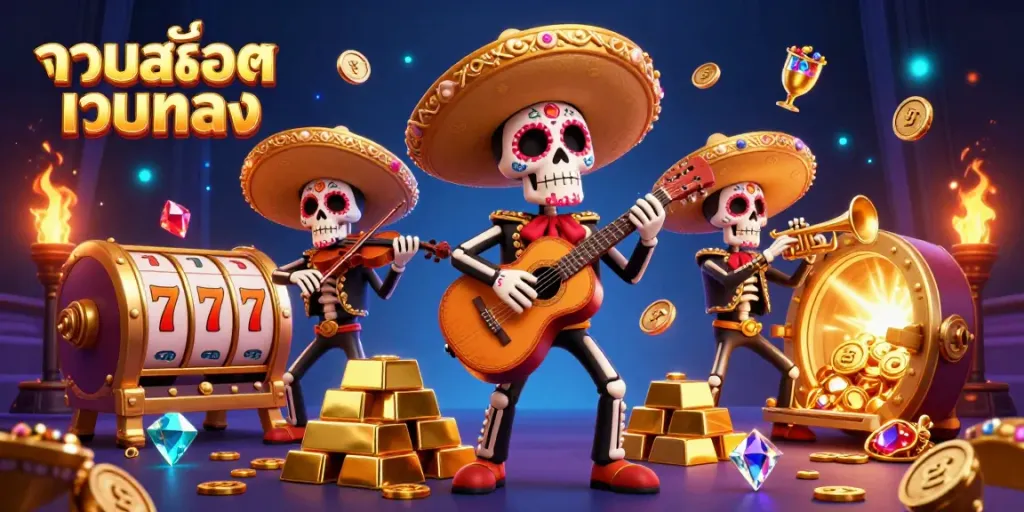 Experience thrilling casino fun with รวมสล็อตเว็บตรง featuring a mariachi band among slots and treasures.