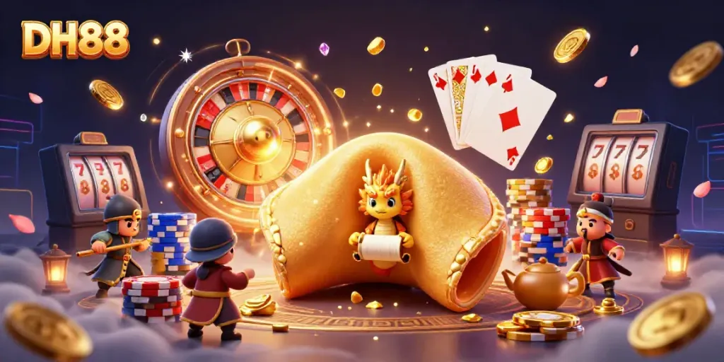 Experience the thrill of DH88 with a golden fortune cookie, dragon, and casino elements in a vibrant scene.