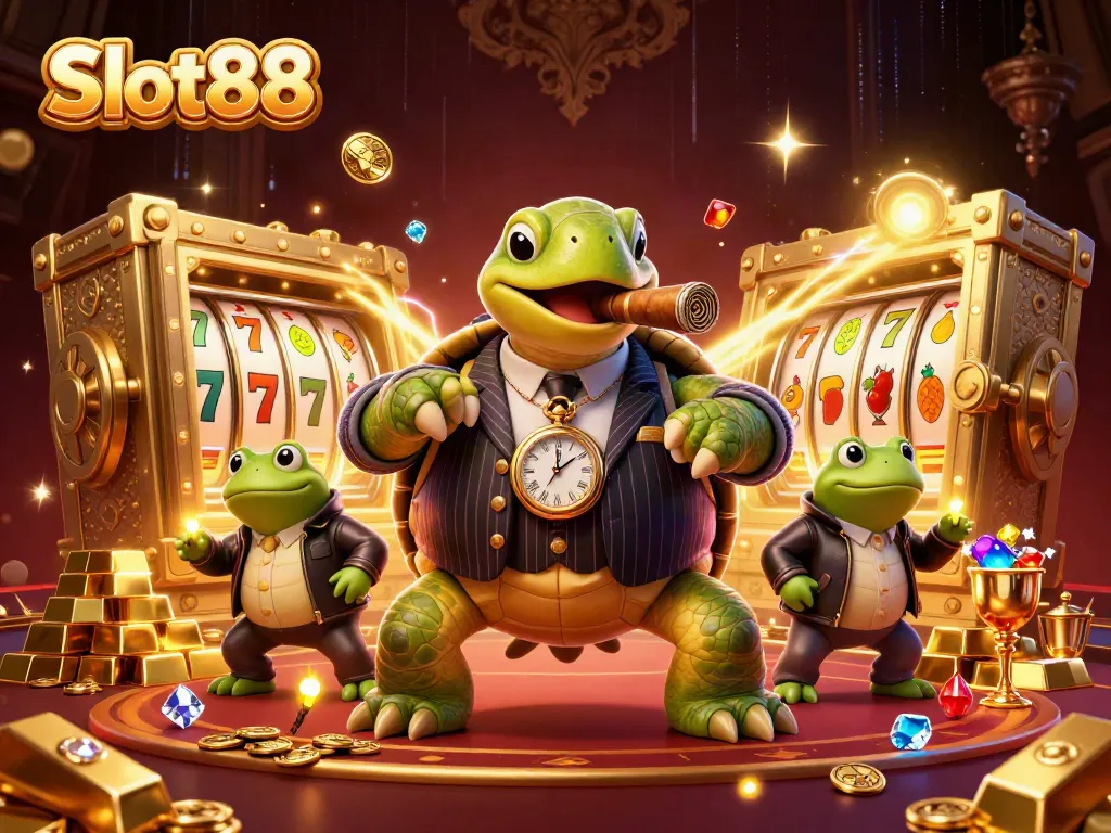 Experience Slot88 with massive turtle mobster and enforcers amid luxurious casino riches.