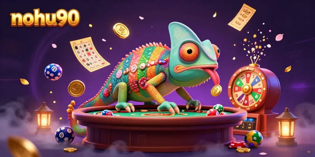 Engage with nohu90's vibrant gaming scene, showcasing a chameleon casino owner and lottery elements.