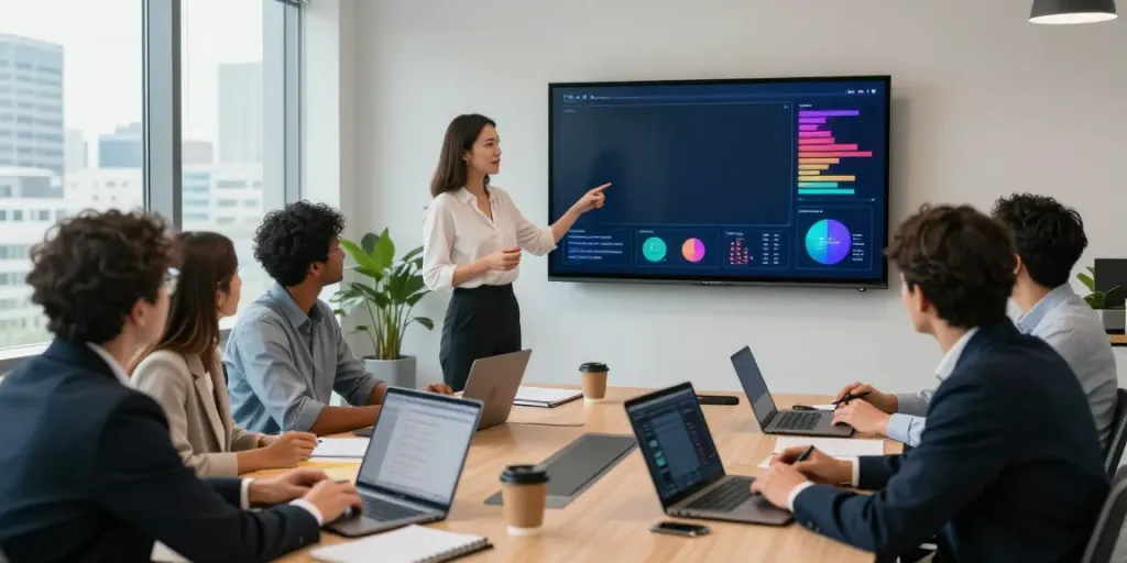 Business professionals collaborating in a modern office meeting discussing source performance metrics.