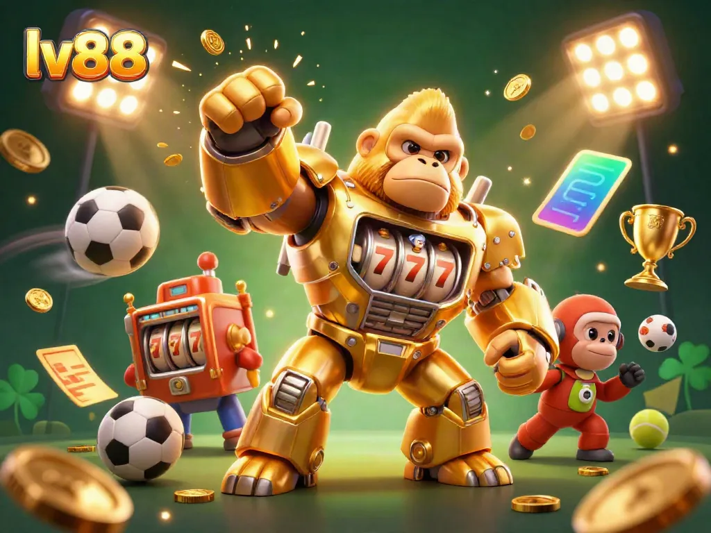 Experience thrilling gaming at lv88 with a transformative golden gorilla mech and dazzling casino elements.