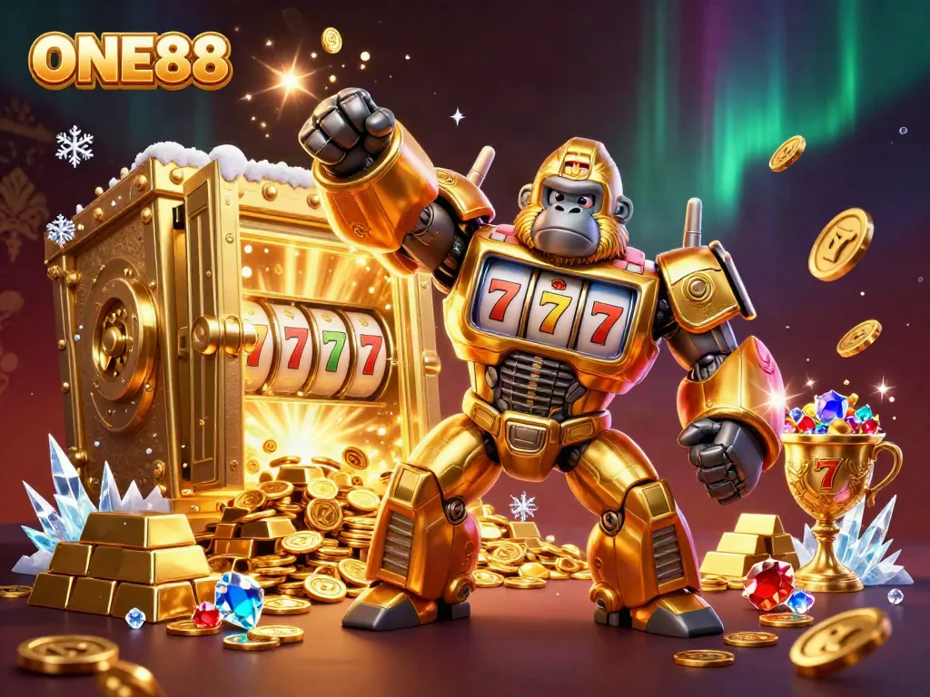 Engage in thrilling casino action with an ultra-detailed 3D scene of ONE88 featuring a golden gorilla mech and slot elements.