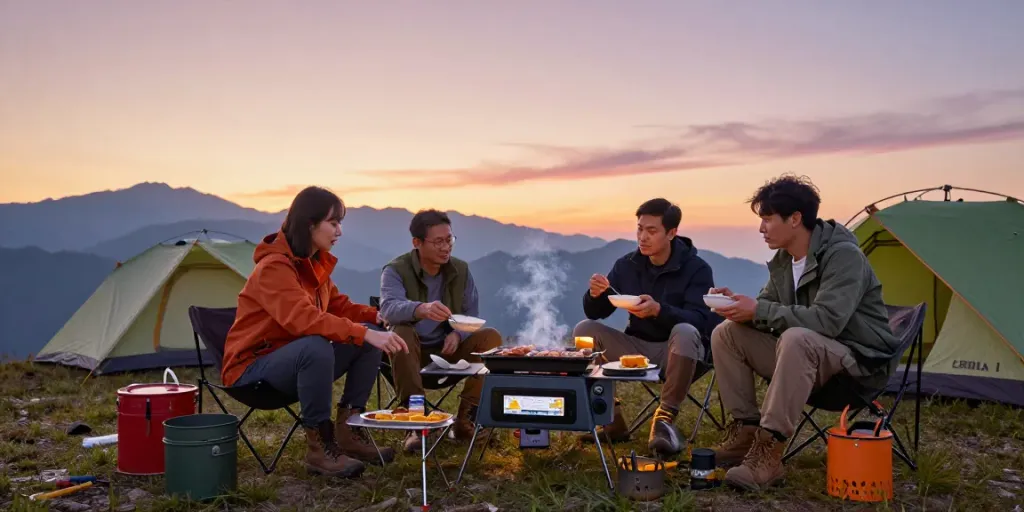 Adventurers enjoying breakfast around a portable grill powered by a 12V battery in a scenic campsite.