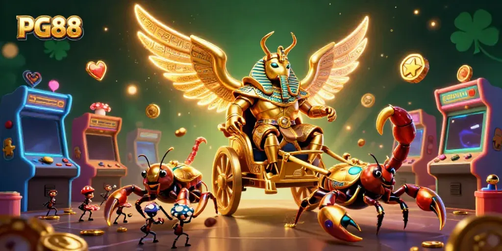 Engage in vibrant gaming at PG88 with a golden scarab and scorpion chariot amidst colorful casino elements.