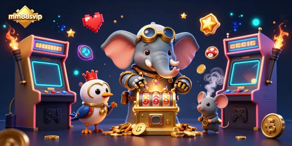 Experience immersive slot gaming with mm88svip featuring a steampunk elephant operating a golden slot machine.