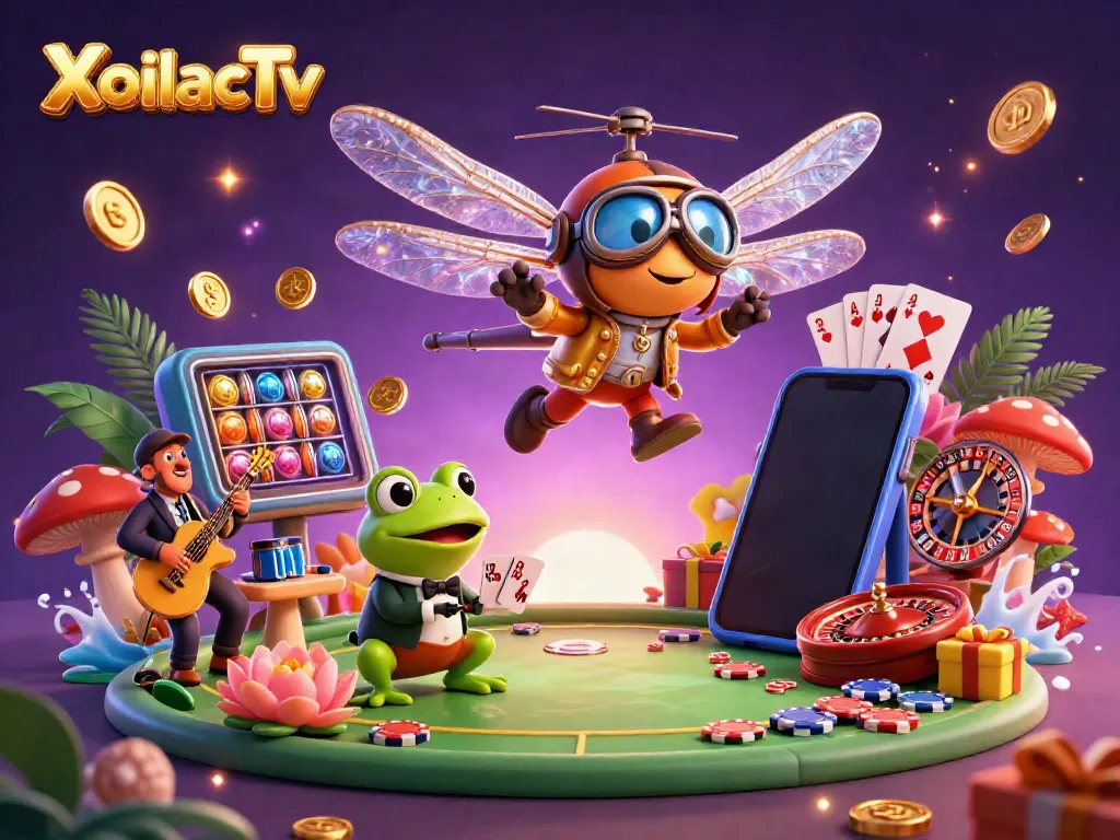 XoilacTv interactive gaming scene featuring a dragonfly pilot and frog dealer amid vibrant casino elements.