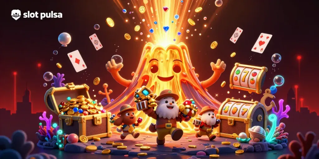 Visualisasi slot pulsa yang menampilkan gunung berapi kartun yang bersemangat menghasilkan koin emas, berlian, dan simbol slot.