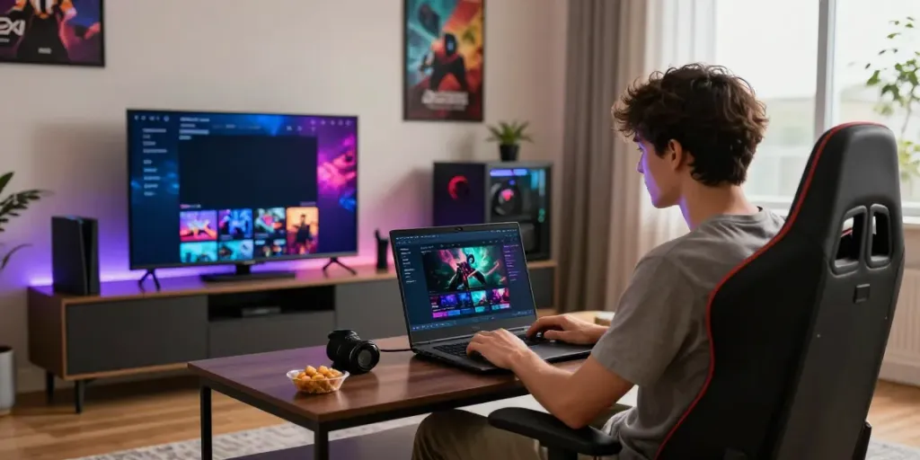 Engaging in Totobet login on a laptop in a vibrant gaming room with stylish decor.