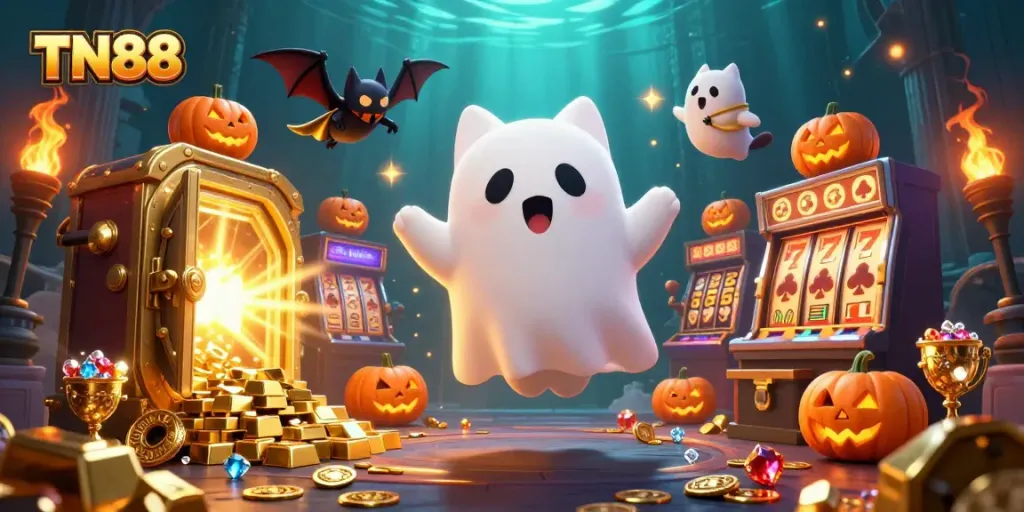 Engage with TN88 in a vibrant haunted casino featuring glowing treasures and playful ghost characters.