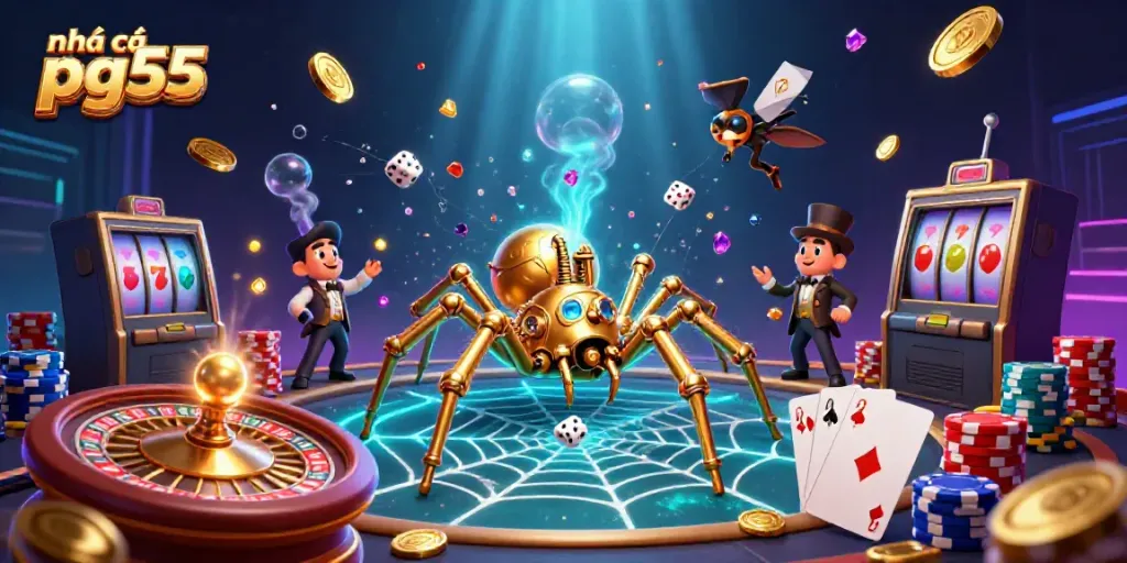 Experience thrilling odds with nhà cái pg55, featuring a steampunk spider and dazzling casino gaming elements.